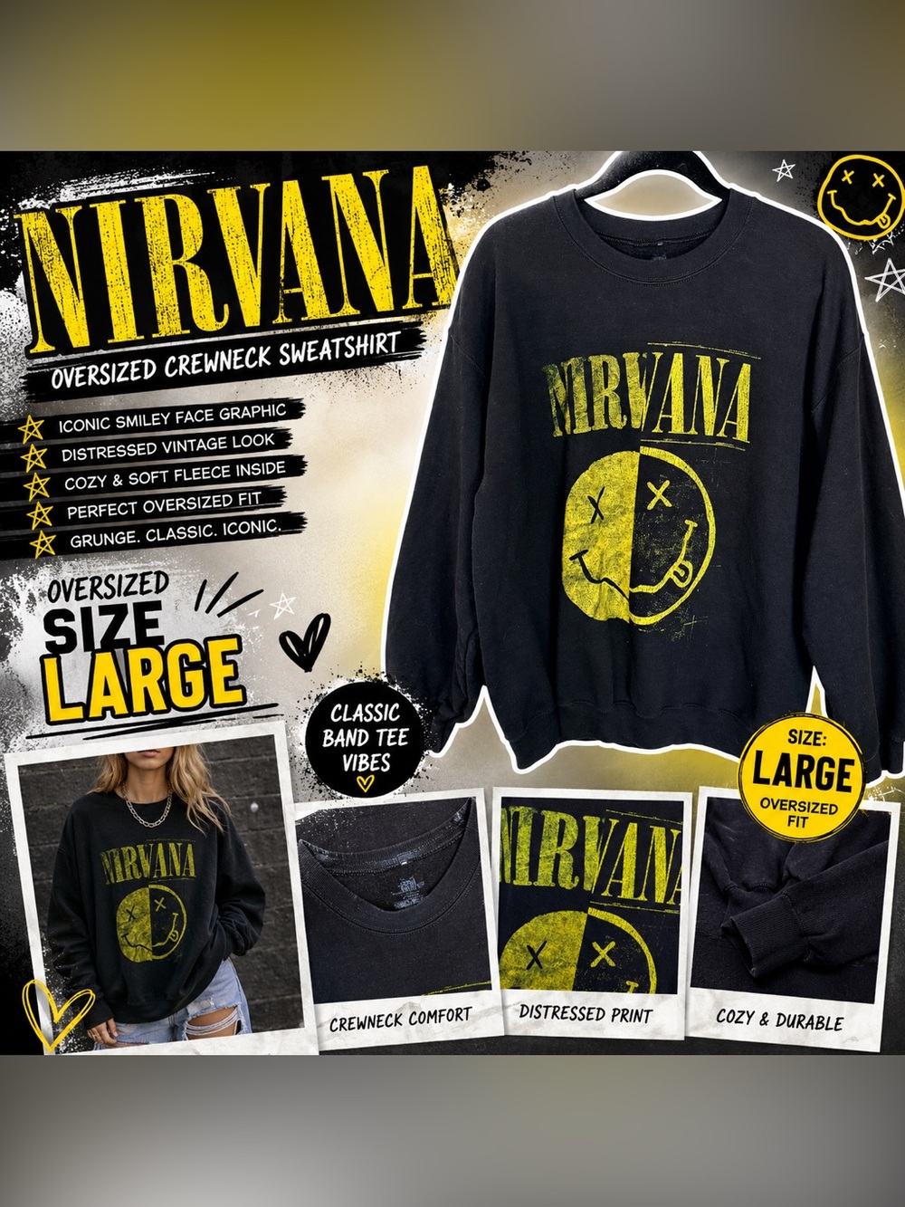 Nirvana Oversized Sweatshirt Size Large Grunge Graphic